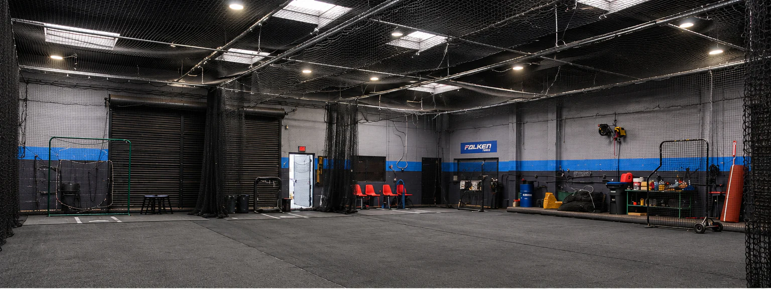 Indoor turf training area with batting cages